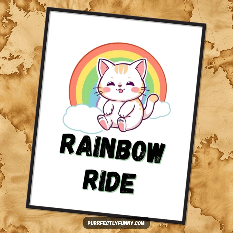 Funny cat with a happy expression, joyfully sliding down a vibrant rainbow, ideal for instant digital art prints.