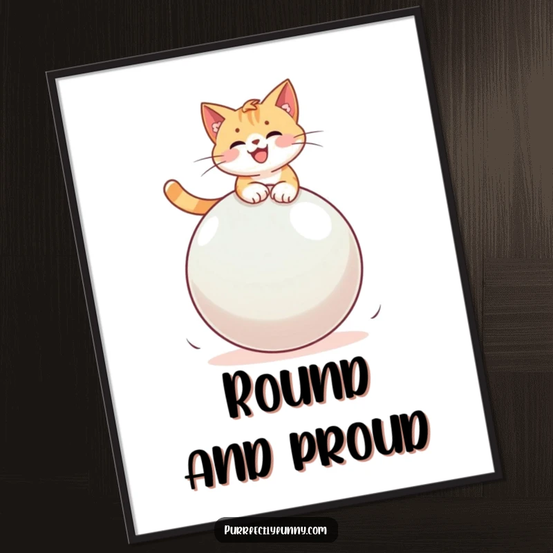 Funny digital art print of a cat joyfully riding a giant bouncy ball, bursting with energy and humor.