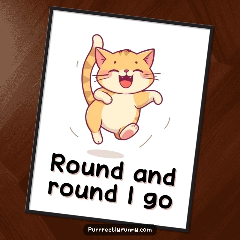 Funny cat digital art print, cat chasing its tail in a dizzy loop, humorous and joyful artwork, perfect funny gift.