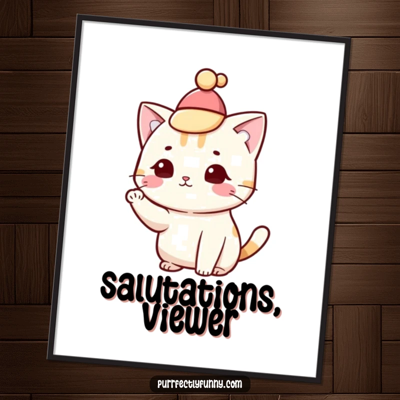 Funny cat tipping its hat with a paw flourish, as a digital art print for stylish decor.