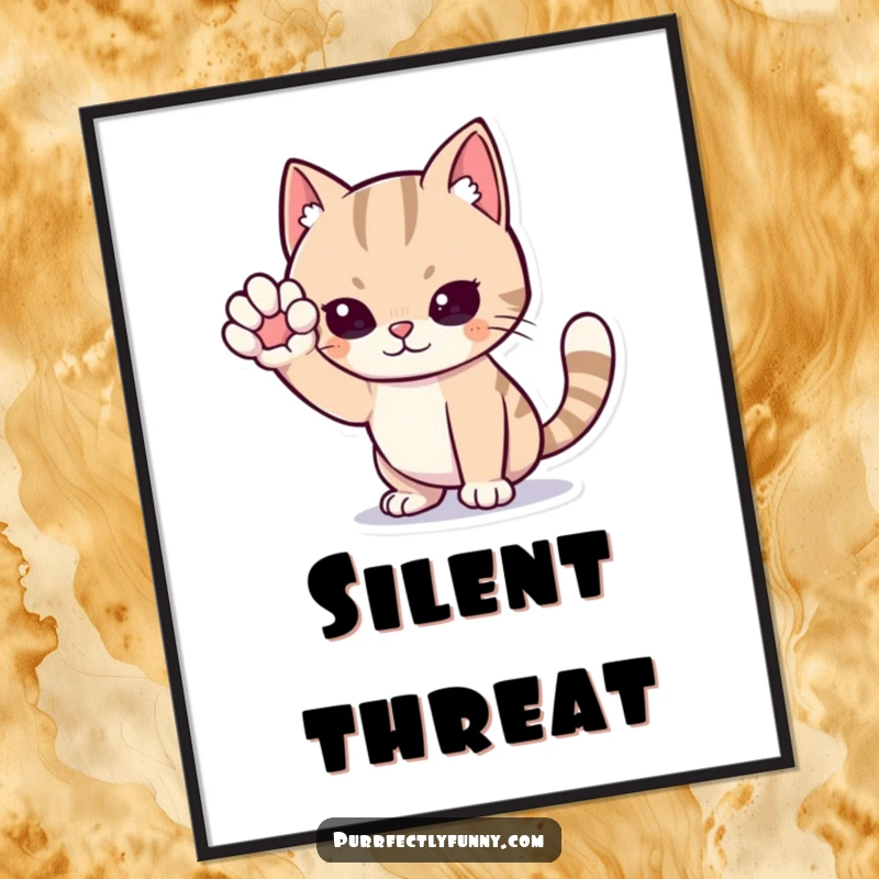 Funny cat digital art print, a stylized cartoon cat in an exaggerated sneaking pose, one paw dramatically raised, conveying intense stealth and humor.