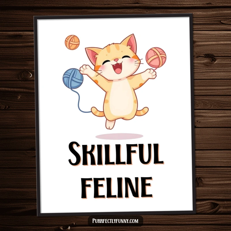 Funny digital art print of a cat energetically juggling yarn balls mid-leap, bringing dynamic humor and playfulness to any space.