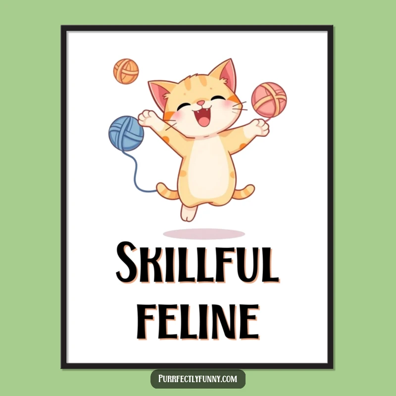 Funny Juggling Cat Digital Art - Energetic Yarn Print, Gift