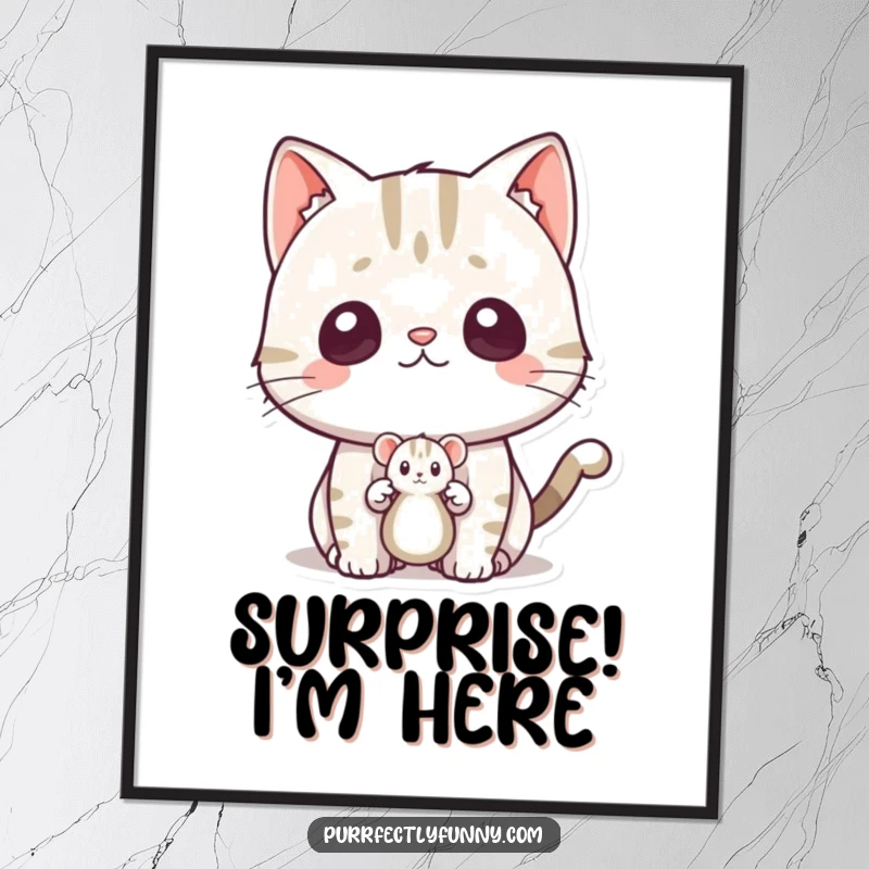 Funny surprised cat digital art print, capturing a cat's comical shock at a toy mouse, instant humorous decor.