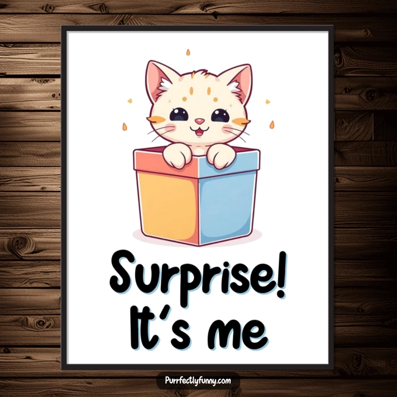 Funny cat character bursting out of a colorful gift box, as vibrant digital art for playful decoration.