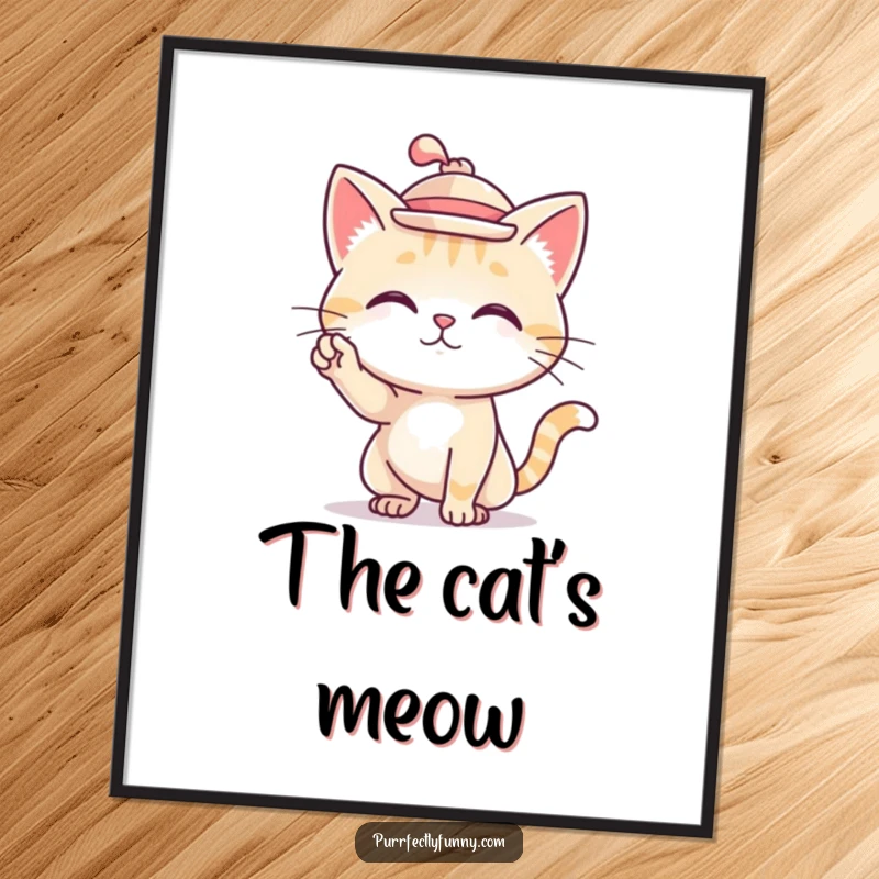 Funny digital art print of a cat wearing a tiny hat and striking a fashionable pose.