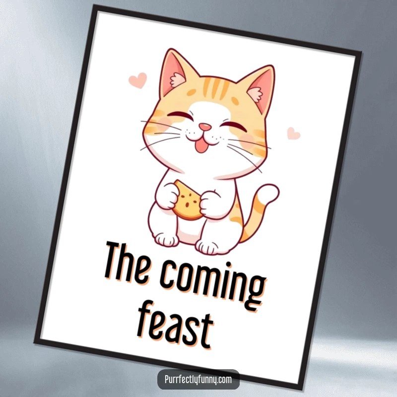 Funny cat digital art print: cat character smacking its lips, anticipating a delicious snack, creating a hungry and humorous scene.