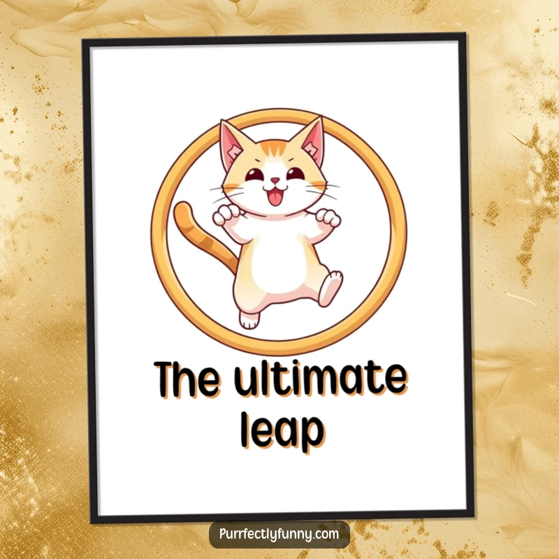 Funny digital art print of a cat leaping through a hoop with a triumphant expression, symbolizing victory.