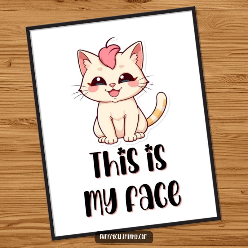 Funny cat digital art print of a silly grinning cat with an exaggerated fanned tail, offering instant humor for walls.