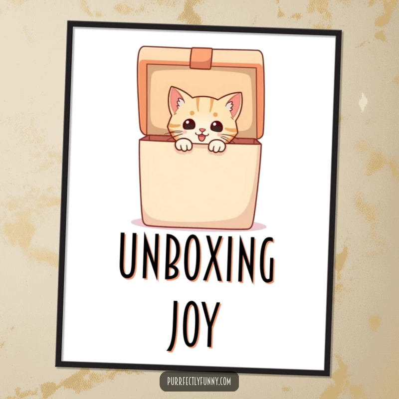 Funny Digital Art Print showcasing an excited cat emerging from a large gift box, perfect for instant, humorous wall decor.