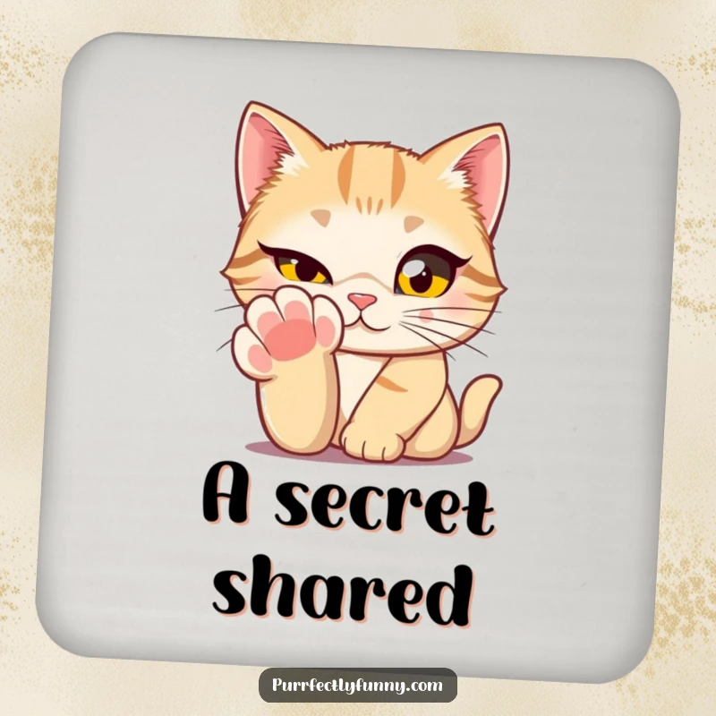 Funny cat with large eyes winking from behind its paw depicted on a drink coaster, a charming and humorous addition.