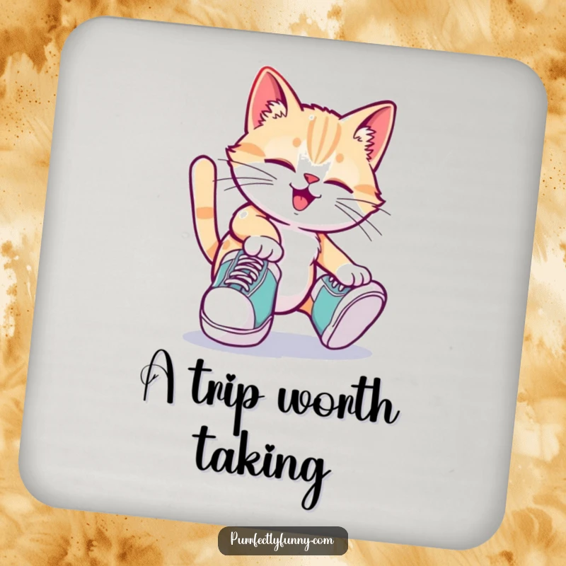 Funny cat coaster featuring oversized shoes and a playful tripping pose, humorous and protective.