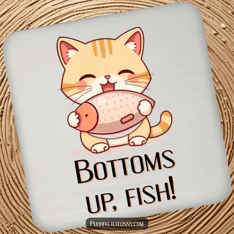 Funny Cat Coaster: A cat wearing a bib eats a large fish treat, a humorous and protective addition to any table surface.