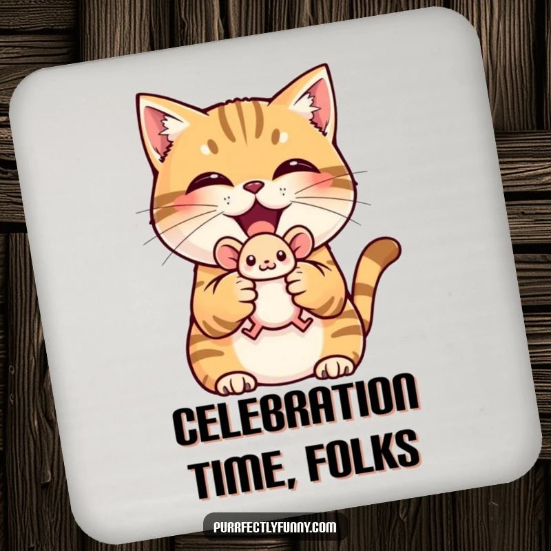 Funny drink coasters with a triumphant cat holding a toy mouse, protecting surfaces humorously.