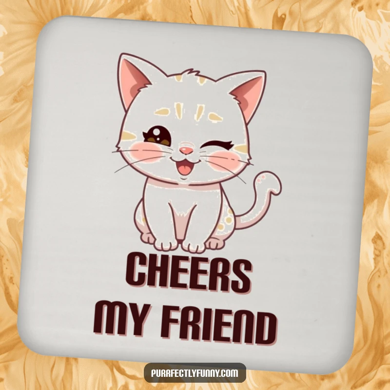 Funny drink coasters featuring a playful cat giving a wink, offering a charming and humorous way to protect surfaces.