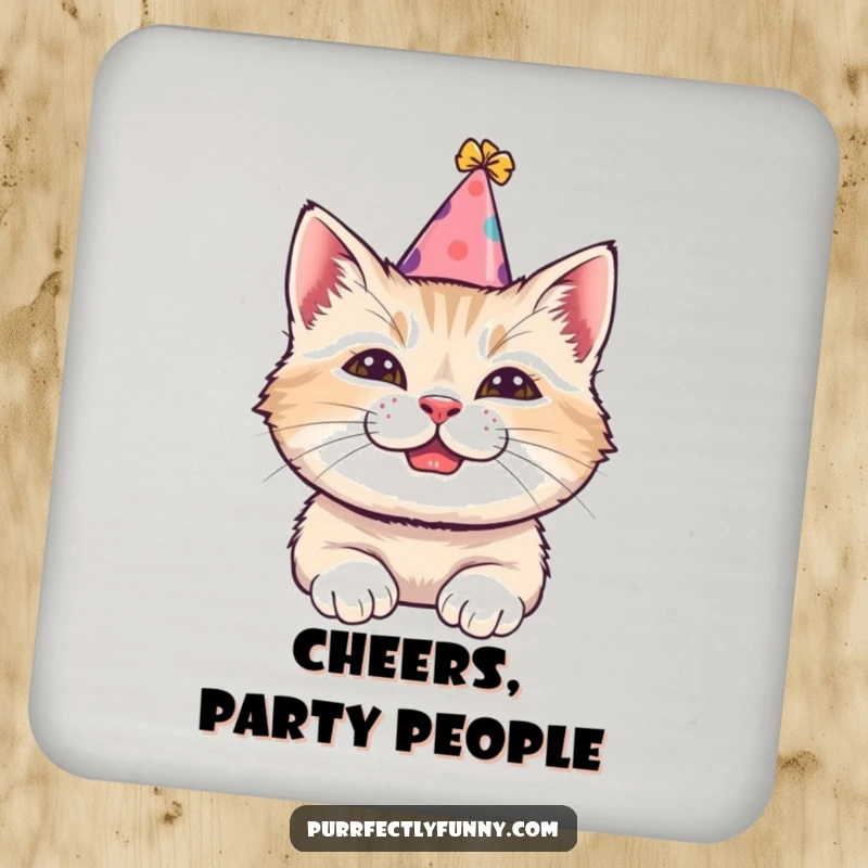 Funny drink coaster featuring a cat wearing a tilted party hat and a comical grin, perfect for protecting tables with humor.