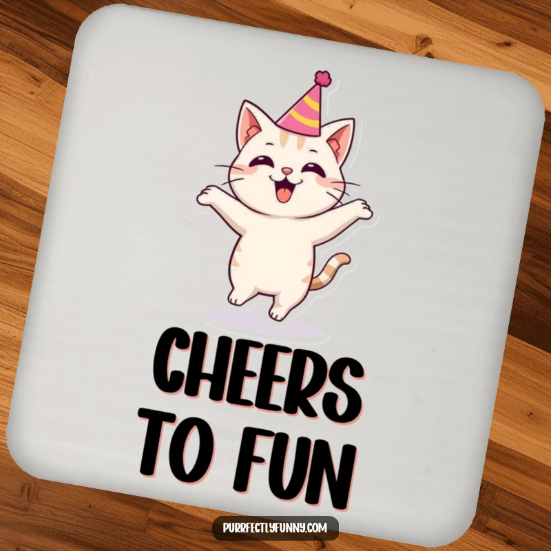 Funny cat wearing a party hat, bouncing with excitement, adding festive protection to any surface with this coaster.