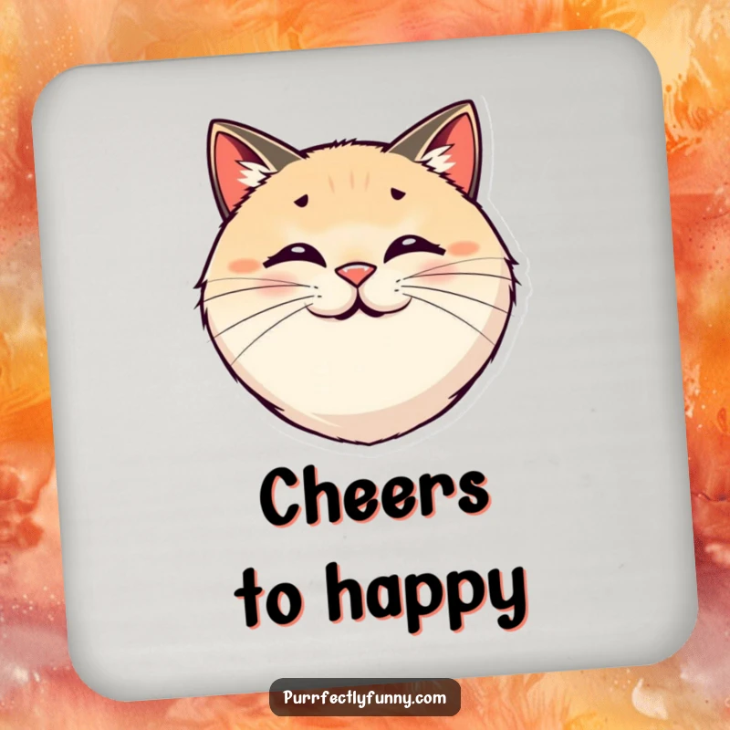 Funny set of drink coasters featuring a round, smiling cat face and comically exaggerated, bouncy whiskers.