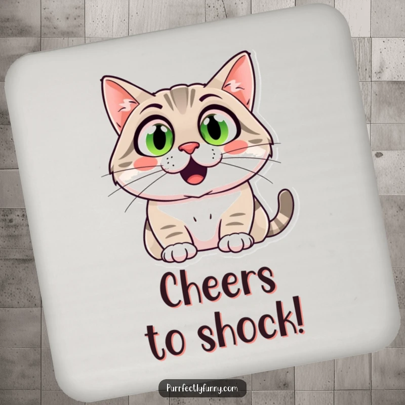 Funny cat coaster featuring a comically surprised face with wide eyes and a large smile, for surface protection.