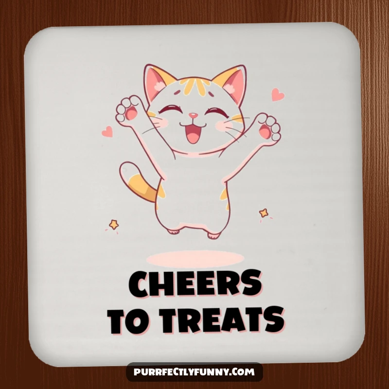 Funny cat coaster: a cat character leaping with paws outstretched, chasing an imagined treat, protecting a table.
