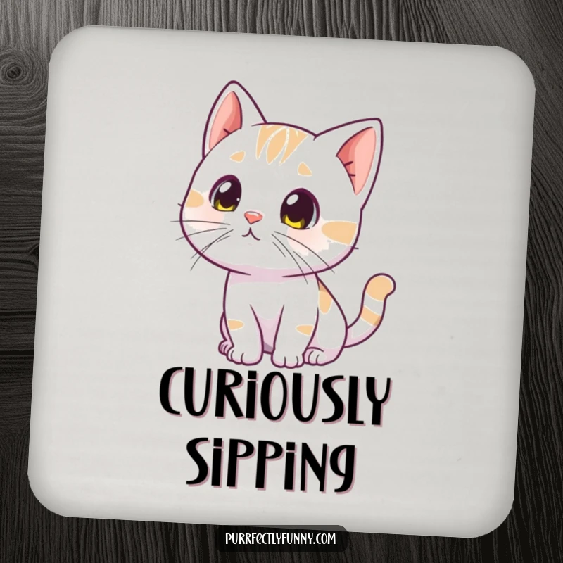 Funny curious cat drink coaster, a cat tilting its head with twitching whiskers, investigating with cute curiosity.