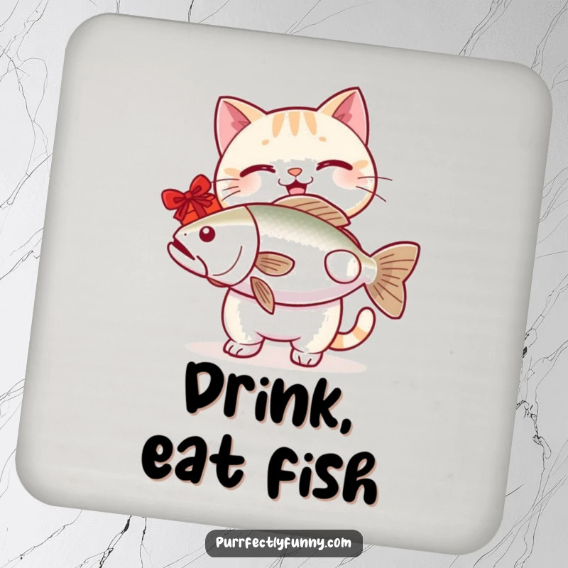 Funny cat drink coaster featuring a smiling cat presenting a huge fish, a humorous and practical accessory.