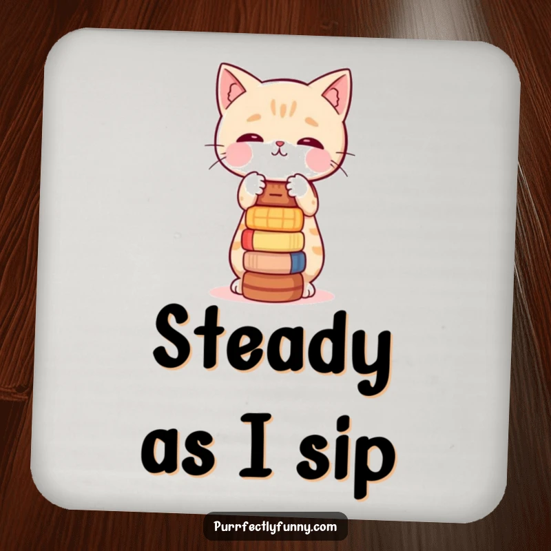Funny drink coaster featuring a cat character precariously balancing a stack of small, wobbly objects.