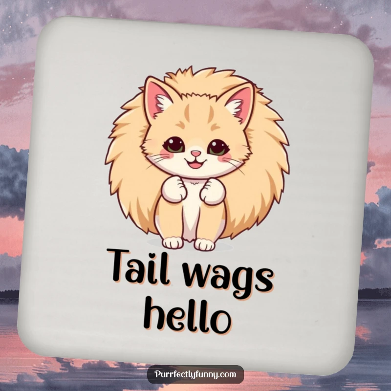 Funny drink coasters showcasing a cat with a comically large smile peeking out from behind its giant, fluffy tail, adding cheer.