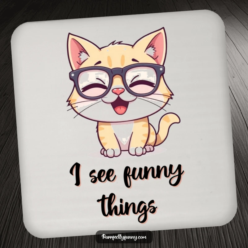 Funny drink coaster showcasing a giggling cat character wearing large, silly glasses, protecting surfaces with a dose of humor and charm.