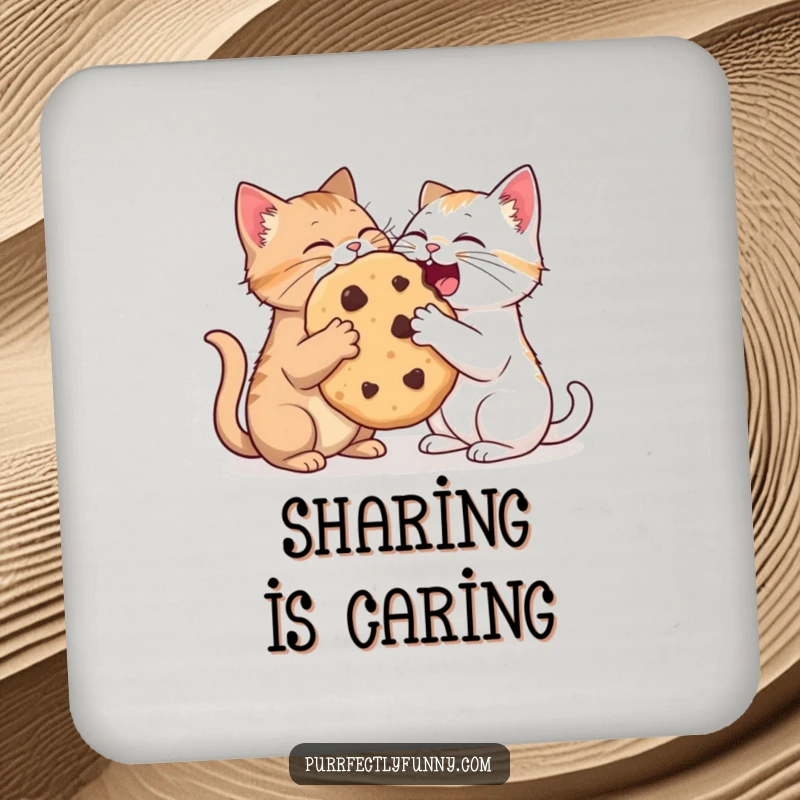 Funny drink coaster featuring two cats sharing a comically oversized cookie, a humorous and practical addition.