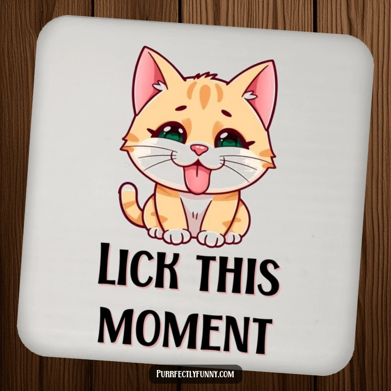 Funny cat character with a silly face and tongue sticking out, on a protective and humorous drink coaster.