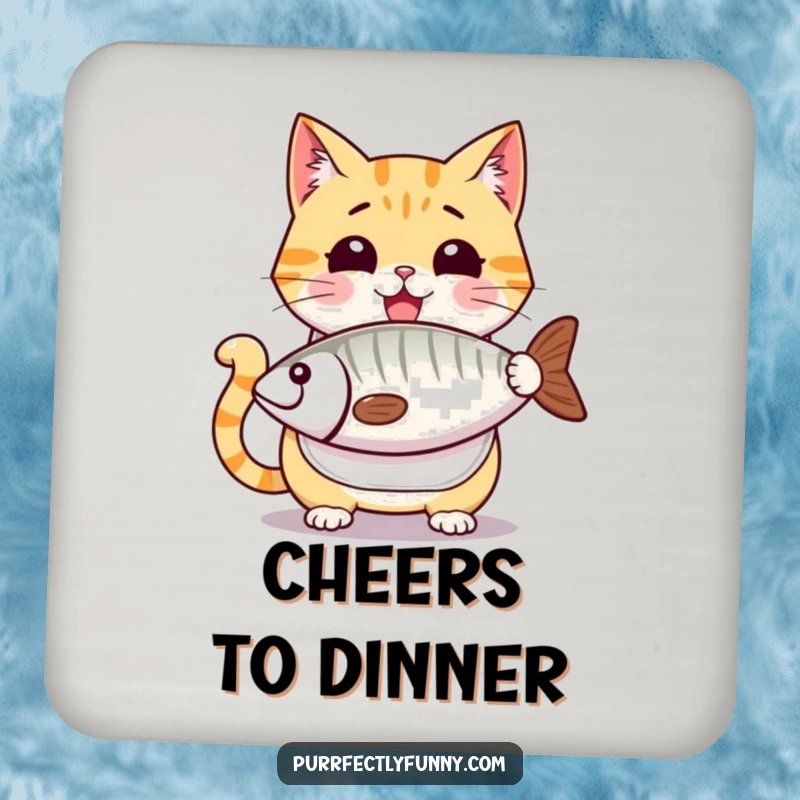 Funny cat drink coaster, a cartoon cat in a bib, looking ravenously at a comically large fish treat, symbolizing pure delight and desire.