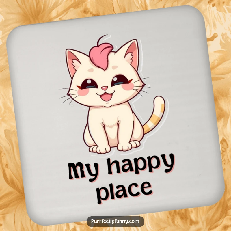 Funny cat coaster displaying a silly grinning cat with a vibrant fanned tail, protecting surfaces with humor.