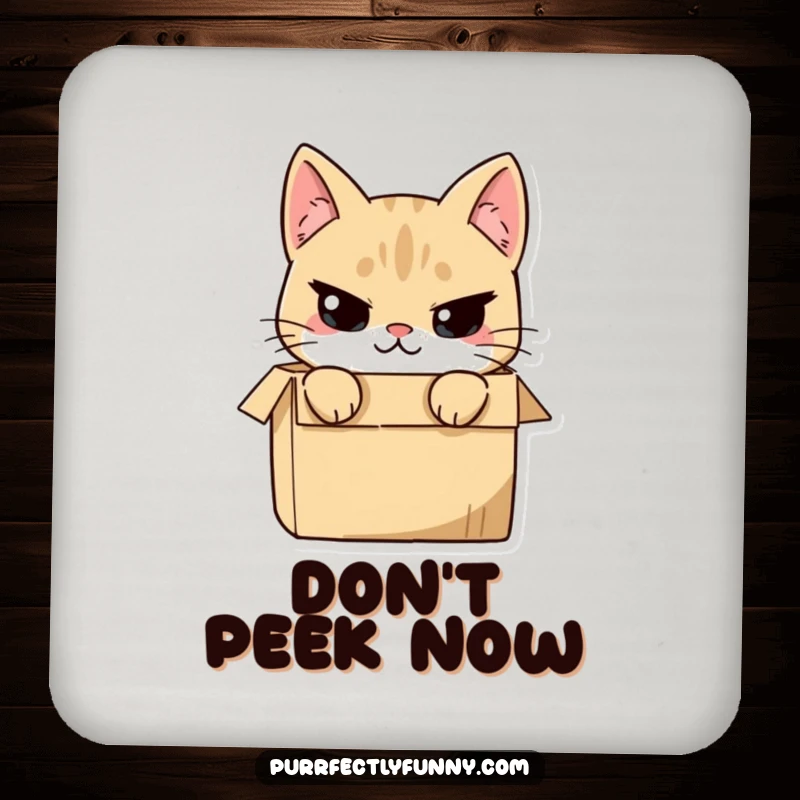 Funny cat peeking out of a box with a mischievous smirk, depicted on coasters, adding playful charm to tabletops.