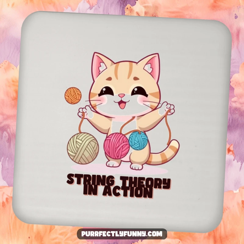 Funny cat juggling colorful yarn balls, adding a touch of playful protection to any surface with this coaster.