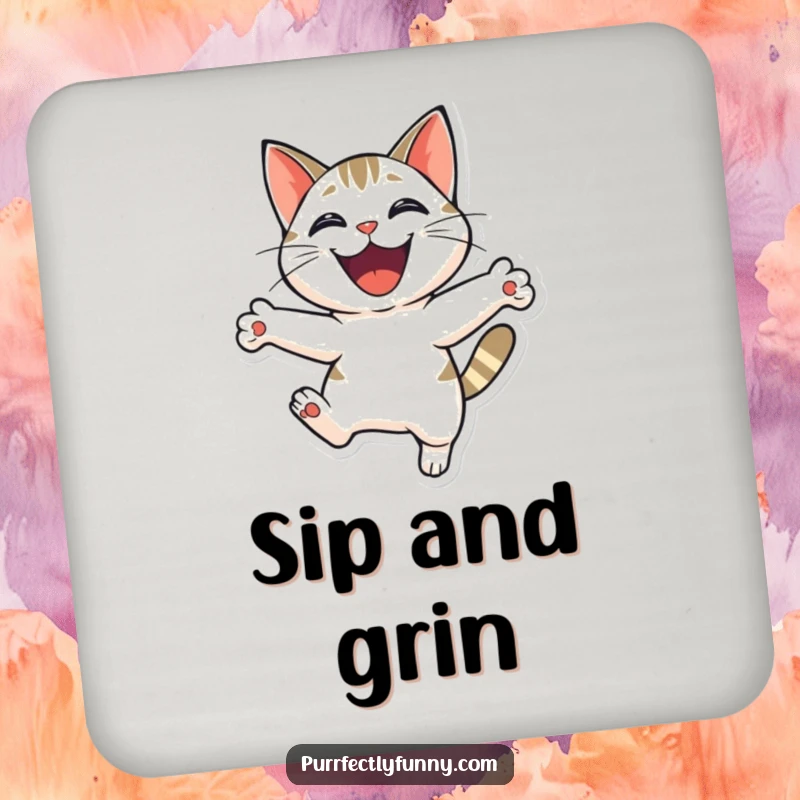Funny cat leaping with a wide grin, adding a touch of playful protection to any surface with this coaster.