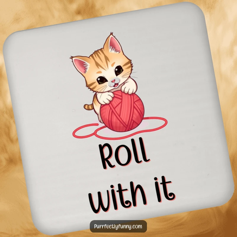 Funny drink coaster showing a cat playfully pouncing on a rolling red yarn ball, perfect for protecting surfaces with humor.