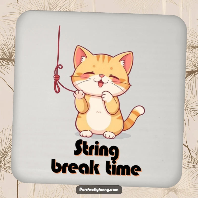 Funny drink coasters showing a cat playing with a dangling string, protecting surfaces humorously.
