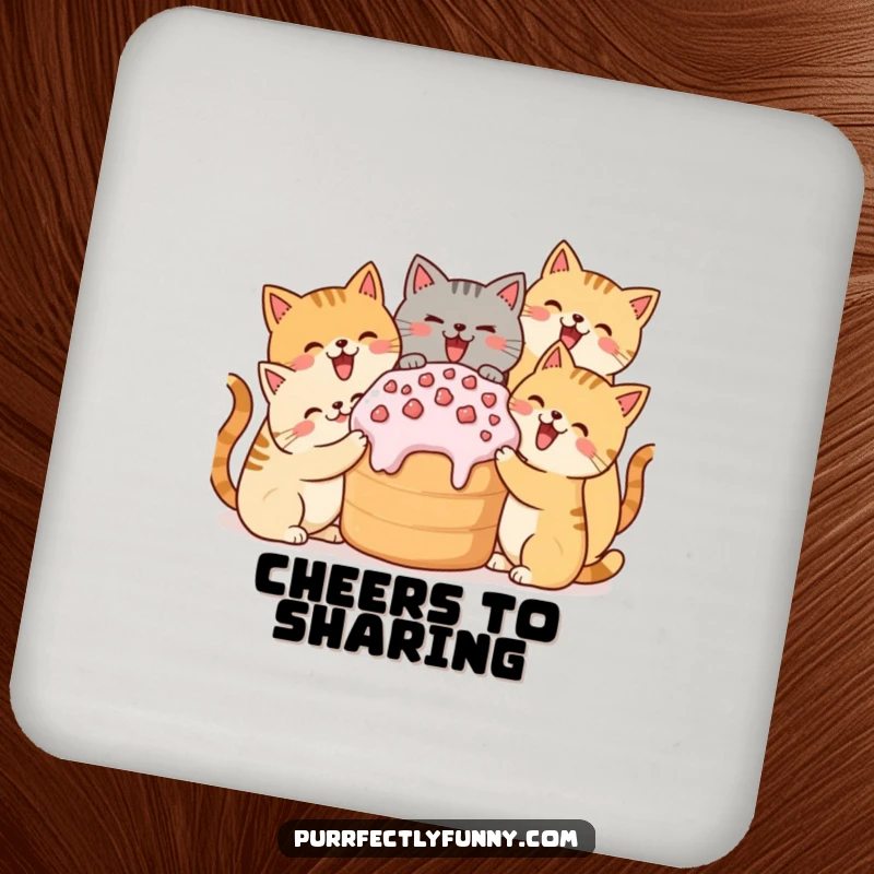 Funny drink coasters with simplified cats sharing a large treat, protecting surfaces with humor.