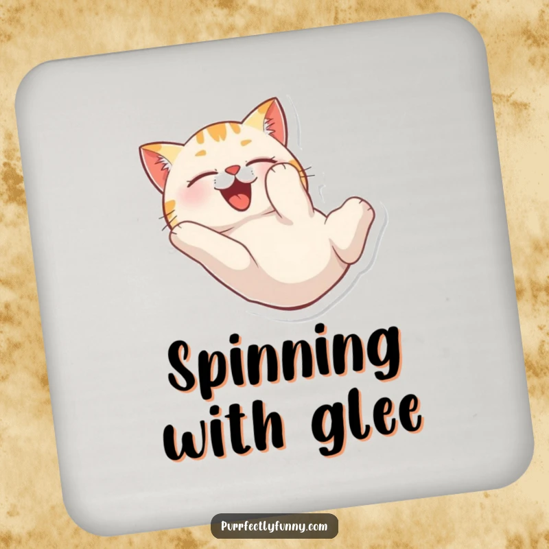 Funny drink coasters with a cat tumbling head over heels with delight, protecting surfaces humorously.