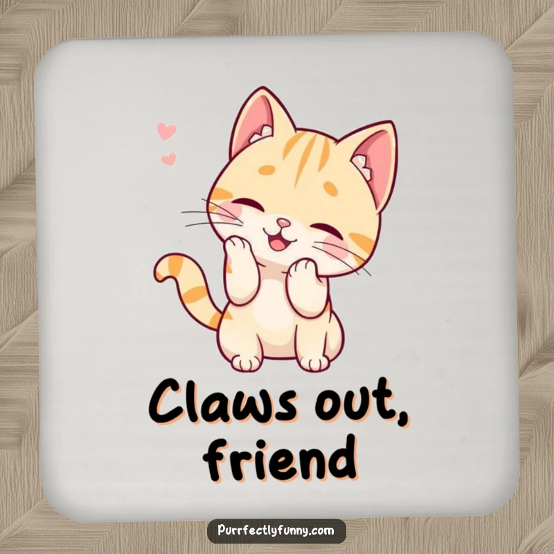 Funny drink coaster featuring a determined cat character playfully batting at a stray whisker, adding a humorous touch to any table setting.