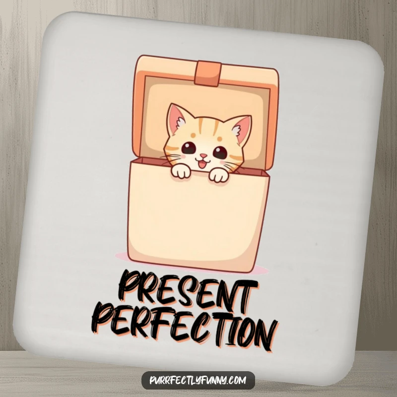 Funny Drink Coaster with an excited cat peeking from a gift box, protecting surfaces with a humorous and charming design.