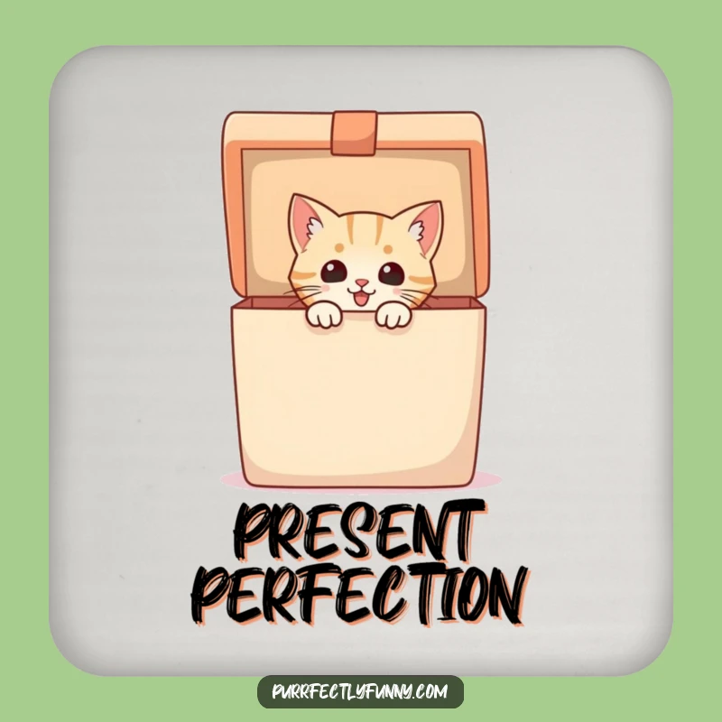 Funny Coaster: Excited Cat in Gift Box - Protect Surfaces with Style!