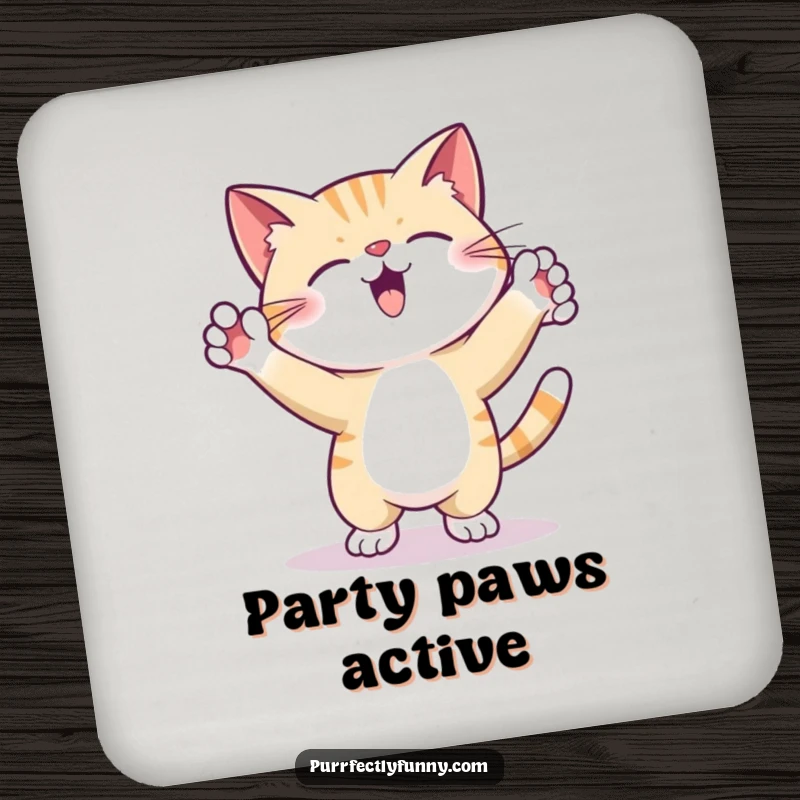 Funny Drink Coaster featuring a cat doing a silly dance with paws in the air, adding humor and protecting surfaces.