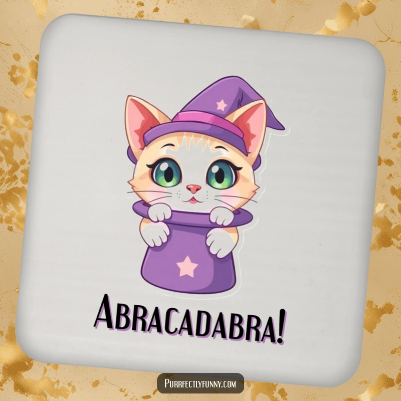 Funny drink coaster showing a cat with curious eyes peering into a magic hat, perfect for protecting surfaces with whimsical humor.