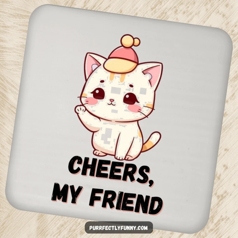 Funny cat tipping its hat on drink coasters, offering elegant surface protection with humor.