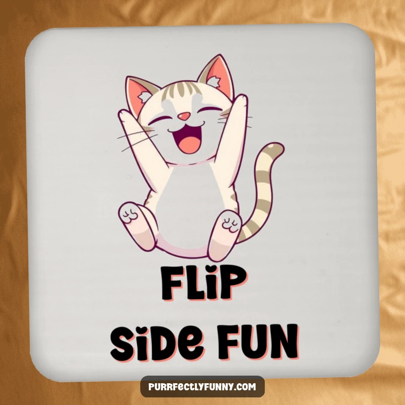 Funny delighted cat drink coaster, a cat performing a comical somersault with pure happiness, a fun and practical item.