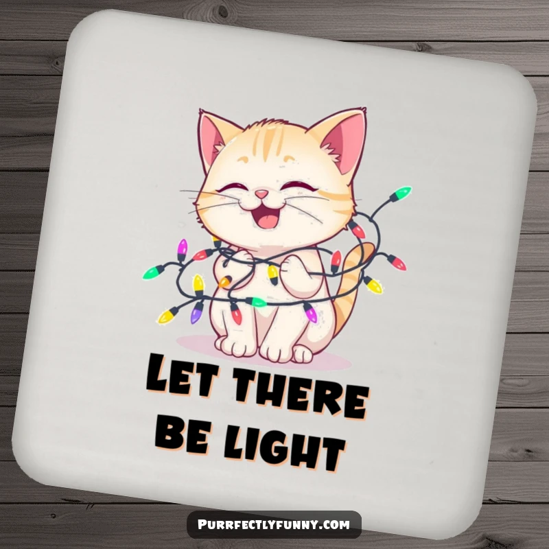 Funny drink coaster featuring a delighted cat tangled in colorful holiday lights, adding a humorous and festive element to any surface.