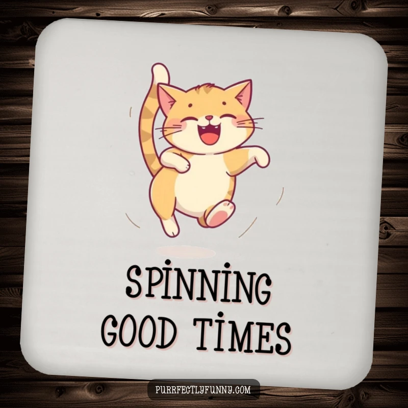 Funny cat coasters, cat chasing its tail in a dizzy loop, humorous home decor, ideal funny gift.
