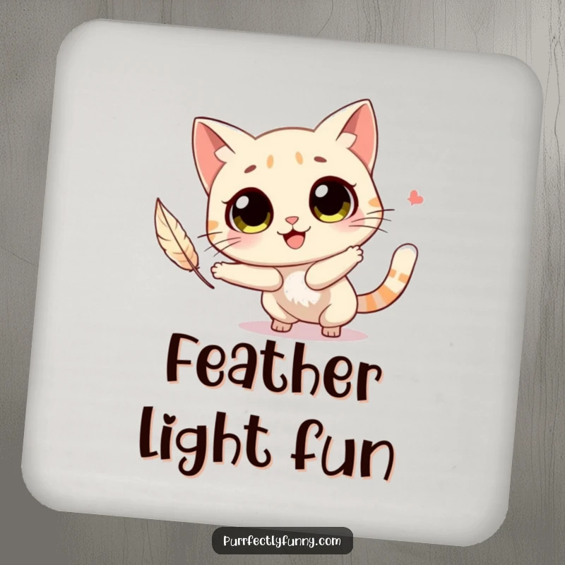 Funny cat with big, round eyes joyfully chasing a feather, printed on a round coaster.